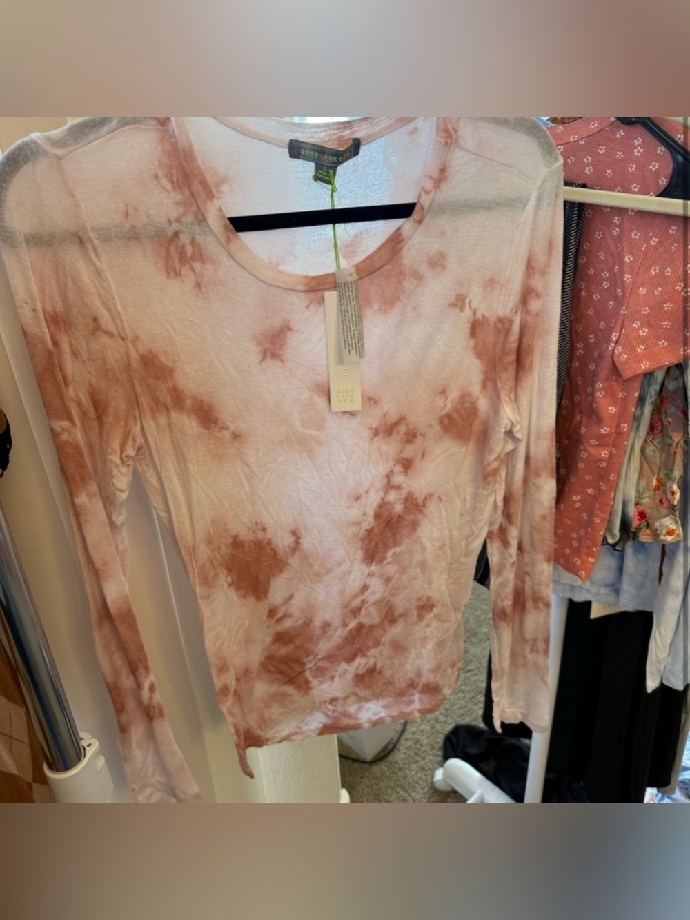 Good Luck Gem Pink & White Tie Dye Long Sleeve Tee Women’s L NWT